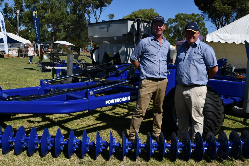 Techgrow service manager Chris Braisher and national product support Derek Upton at the South East Field Days. Picture by Paula Thompson