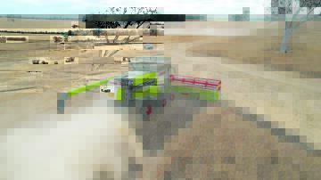 Harvesters in action at the community cropping program at Tambellup last year.