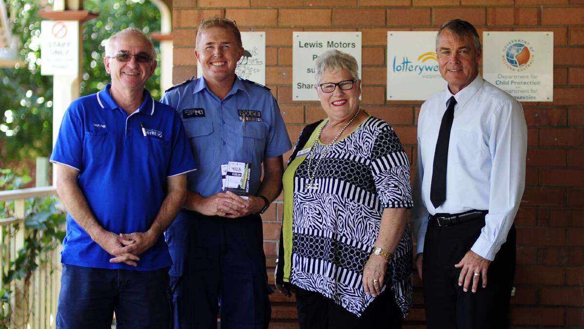 Shayne Lucey, Northam Mitre 10, sen-sgt Geoff Dickson, Anne Gibbs, Share and Care Community Services and shire president Steven Pollard.