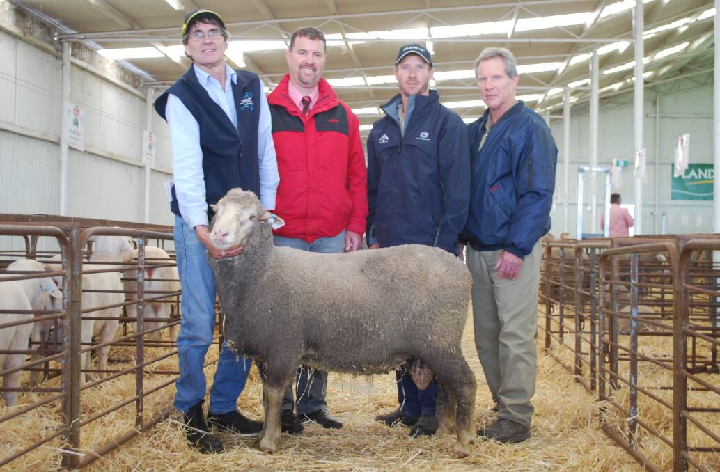 Koobelup Dohne stud's Ian Hanna with Elders auctioner Nathan King and Simon and Danny Chitty, Goomalling.