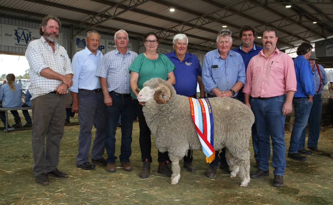  The Rintoul family, Auburn Valley stud, Williams, exhibited the grand champion Merino ram at this years Act Belong Commit Williams Gateway Expo. With the champion fine-medium wool Merino ram were judges Iain Nicholson (left), Boorabbin and Colvin Park studs, New Norcia, Rod Norrish, Angenup stud, Kojonup, and Ray Edmonds, Calingiri, Brooke, Peter and Jeffery Rintoul, and Shaun Gratte, Auburn Valley stud and Elders stud stock manager Nathan King representing award sponsor Elders.