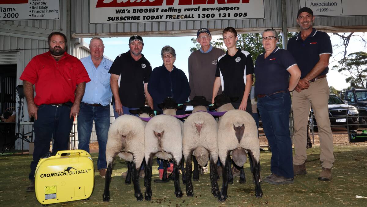  The Philipps familys Karinya Suffolk stud, Boyup Brook, won the Farm Weekly-sponsored breeders group award in the British and Australasian Sheep Breeds section. With the winning group of two rams and two ewes were judges Aaron Foster (left), Wendenlea Suffolk and White Suffolk studs, Boddington and Laurie Fairclough, Stockdale Poll Dorset and White Suffolk studs, York, Karinya studs Richard, Julie, John and Zach Philipps and Farm Weekly livestock representatives Jodie Rintoul and Kane Chatfield.