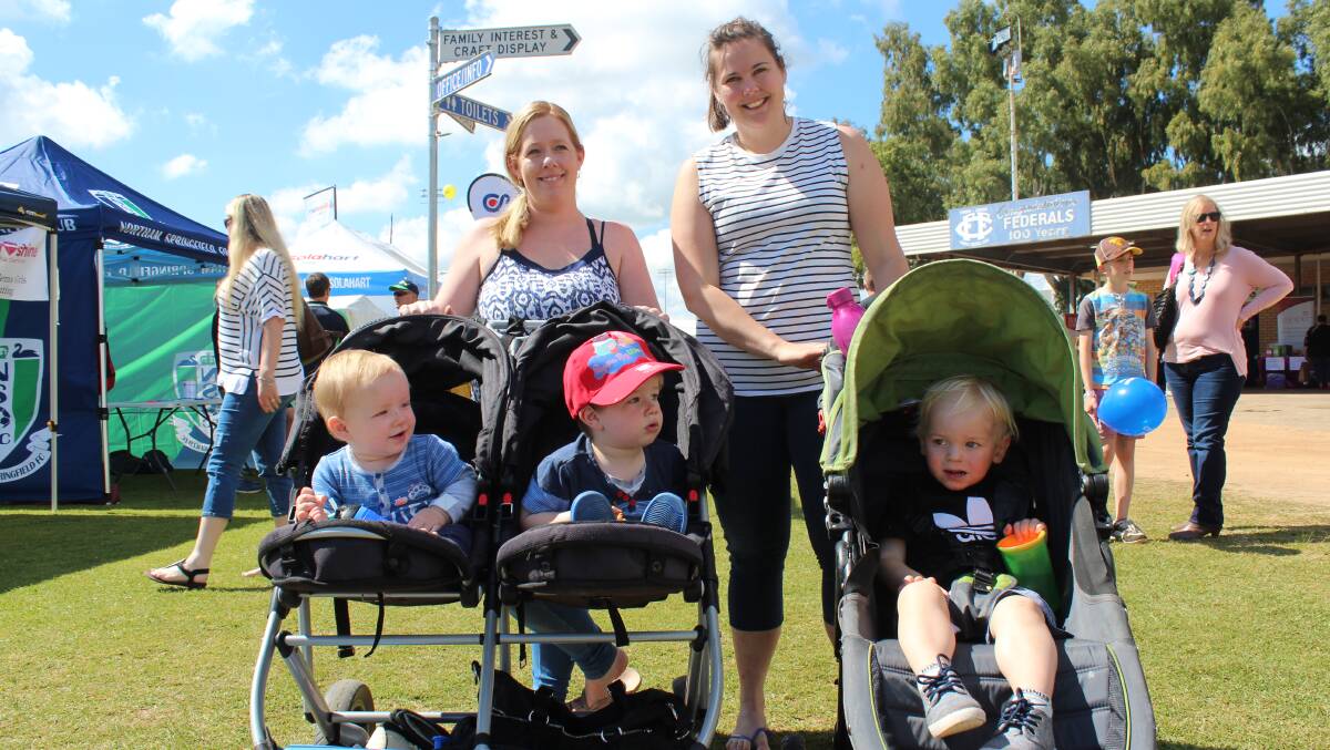 Bakers Hill resident Rebecca Barnett with children Daniel, 10 months and James, 2, along with Clackline resident Kayla Hyde with Flynn Power, 2.