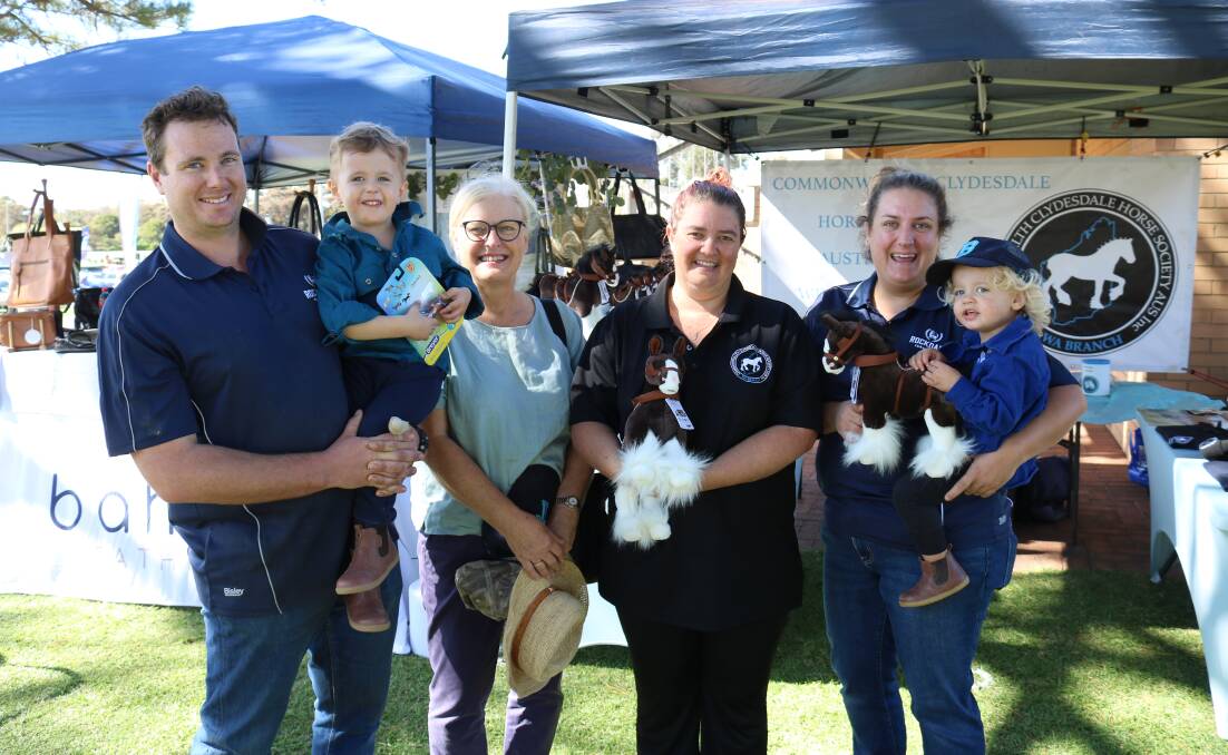 At the Commonwealth Clydesdale Horse Society (WA branch) stand were Brendan (left) and Toby Maher, 3, Christine Taylor, Como, CCHSWA vice president Jamie-Lee Mays, Lower Chittering and Prue and Billy Maher, 2, Rockdale Farming Co, Muntadgin.