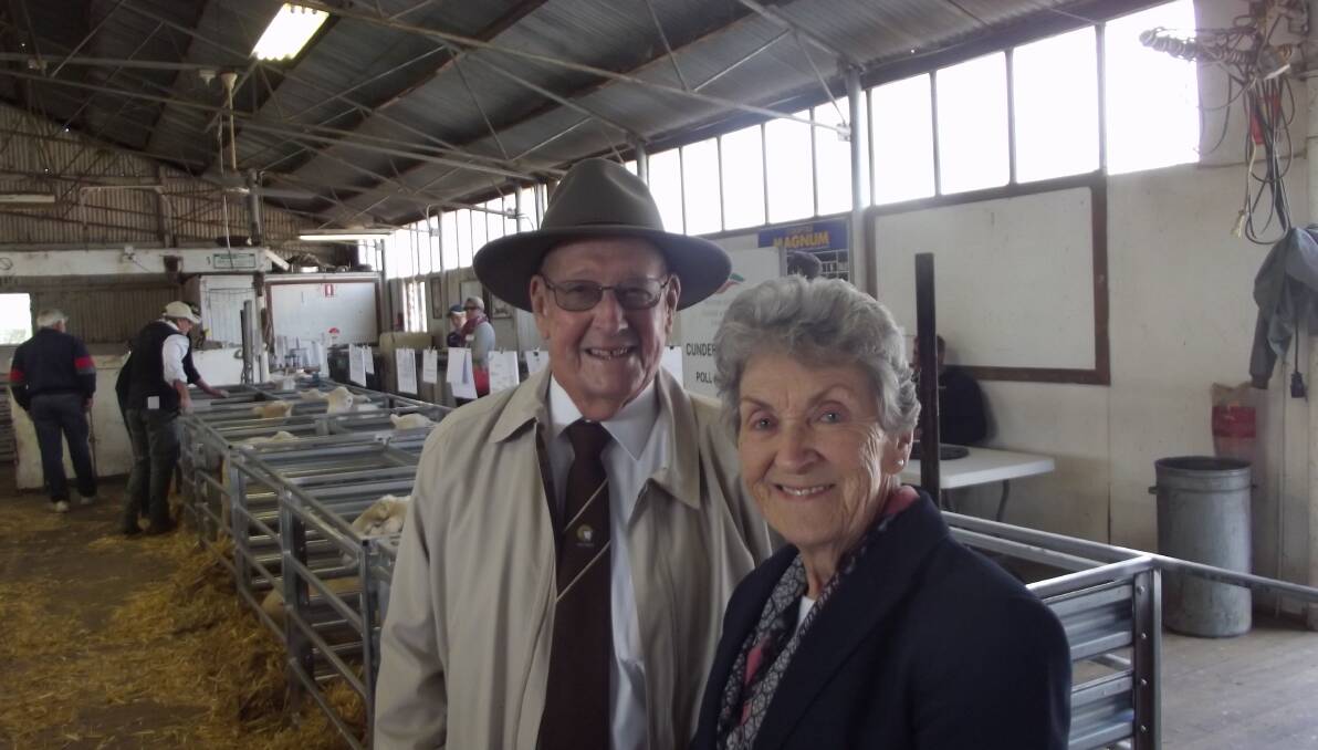 John and Wilma Jasper, Cunderdin, at the Wheatbelt Triple C Ram Sale in Cunderdin. They were founders of the Jolma Poll Dorset stud.