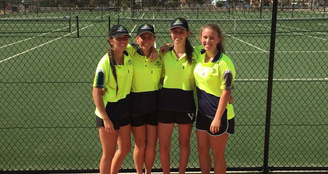 Success: Girl's tennis team, Aimee Tyson (Goomalling), Grace Davey (Wongan Hills), Vanessa Davis (Northam) and Acacia Shannon (Yelbini) are all smiles after their win.