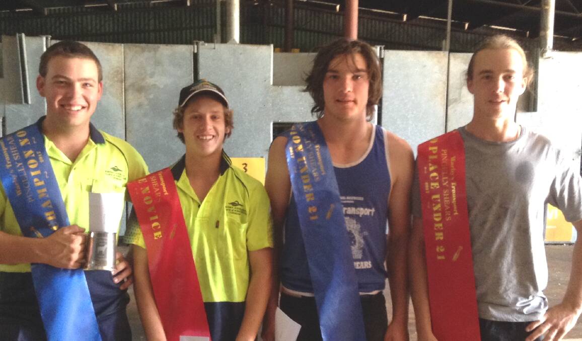 Danny Halligan (New Norcia), Phillip McDonald (Esperance), Jayden Smith (Cranbrook) and Shannon McLean (Coomberdale) with awards at Pingelly Shears. 