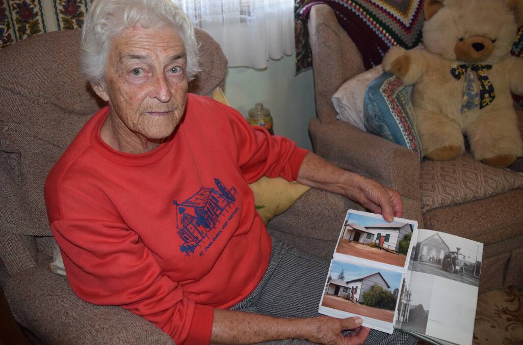 Elaine Pollard, with pictures of Saint James Church Hall before it was knocked down and when it was first moved next to the church in West Northam.