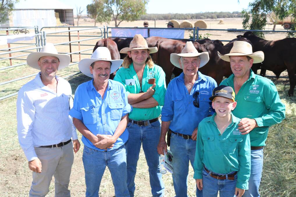 Biara stud co-principal Glenn Hasleby (left), Northampton, with three generations from Coolawanyah station, Tom Price, Kim Parsons, his son Kris, and Kims father Les Parsons with Nutrien Livestock Pilbara agent Daniel Wood and his son Ben.
