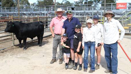 With the $12,500 top-priced bull Gandy Three Rivers U83 (AI) (by USA Ellingson Three Rivers 8062) at the Gandy Angus yearling bull sale at Boyanup last week were Elders Manjimup/Pemberton representative Brad McDonnell (left), buyer Shane Blakers, CT Blakers, Manjimup, and his sons Cole and Louis and Lola, Roamy and Steven Gandy, Gandy Angus stud.
