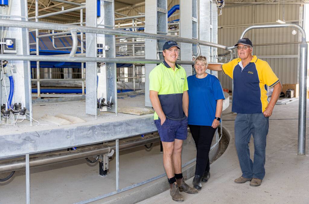 Stephen, Janet and Michael O'Connor at their Glenormiston South dairy farm which has just installed a smart battery and solar system. Picture by Eddie Guerrero