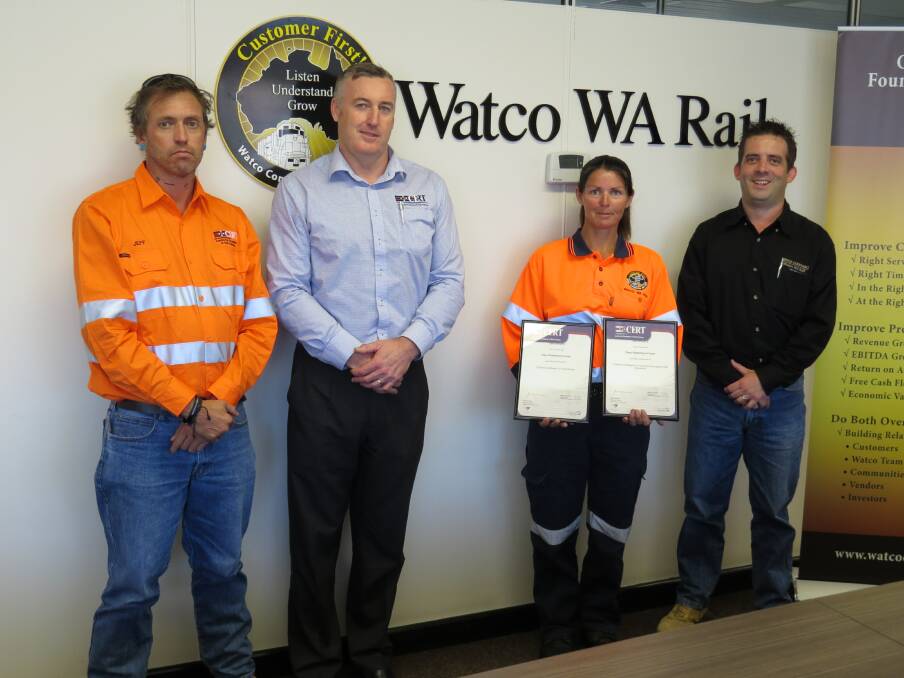 Recognition: Jeff Nickson, Mark Haigh, Fleur Robertson-Crewe and Russell Griffiths at the Watco Northam office last Friday.