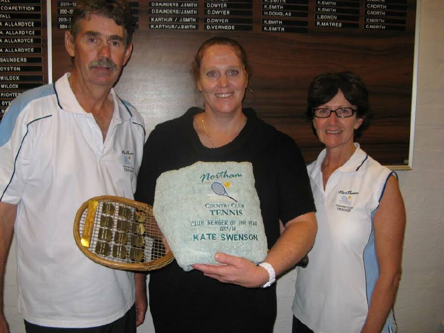 Winner: Kate Swenson receives the Northam Lawn Tennis Club s Club Member of the Year Award from sponsors Dennis and Kathy Saunders.