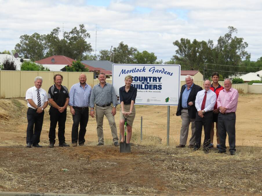 Groundbreaking: Councillor Rob Tinetti, Richard Bray from WA Country Builders, general manager WA Country Builders David Hochwald-Jones, Paul Brown MLC, Member for Central Wheatbelt Mia Davies, Avon Community Development Foundation (ACDF) chief executive Paul Tomlinson, ACDF chairman Simon Northey, Fred Hill and Phil Eaton at the site.