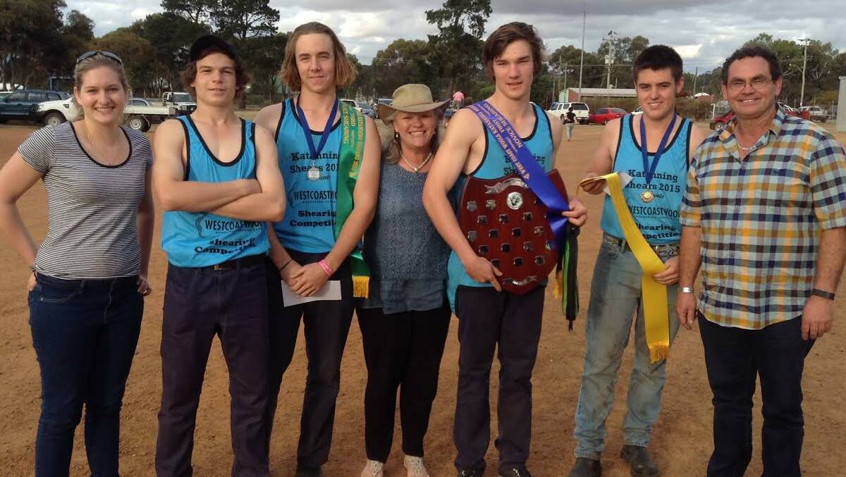 Success: Cunderdin students (in blue) who shore in the competition for the Craig Hull Perpetual Shield at Katanning with members of the Hull family: Kaiden Johnston (Quairading), Shannon McLean (Coomberdale), Jayden Smith (Cranbrook) and Bayden Ley (Woorree).