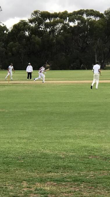 Should we stay or should we go?: Jack Borrett for Toodyay about to run after hitting the ball from Gary Bignell of Grass Valley. Photo: supplied.
