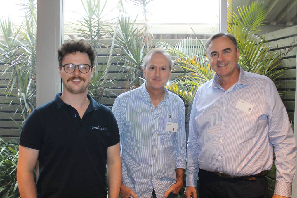 Terracipher CEO Will Swain, Timber Queensland CEO Mick Stephens and Carbon sequestration consultant Aaron Soanes. Picture: Kelly Mason