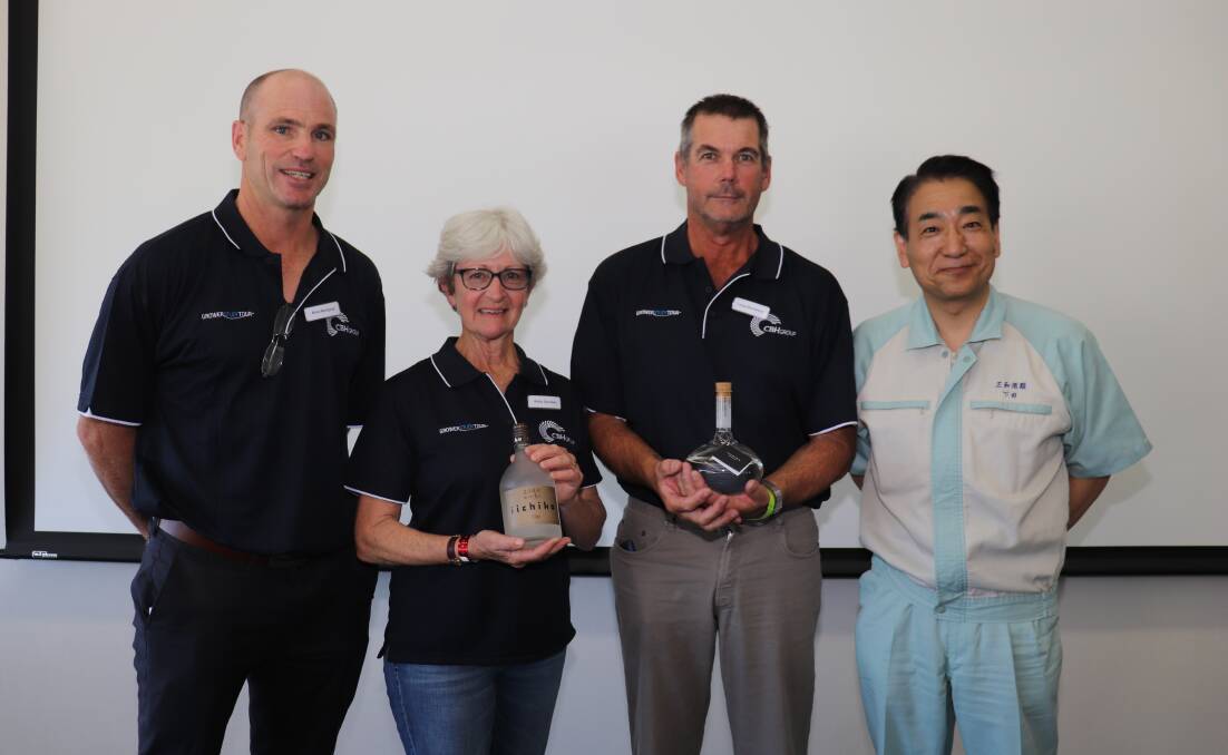 CBH director Brian McAlpine (left),with La Trobe barley growers Kathy Saunders, Southern Brook and Louie Beurteaux, Shackleton and Sanwa Shurui president and CEO Masahiko Shimoda and some of the bottles of the Iichiko shochu that the Sanwa Shurui company produces for the Japanese and export market.