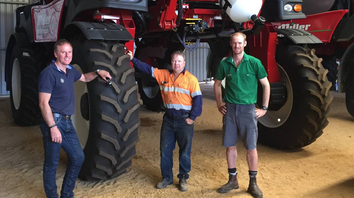 Bayer commercial sales representative Ian Cook (left), Marchagee grower Mick Callaghan and Landmark Coorow agronomist Andy Regan.