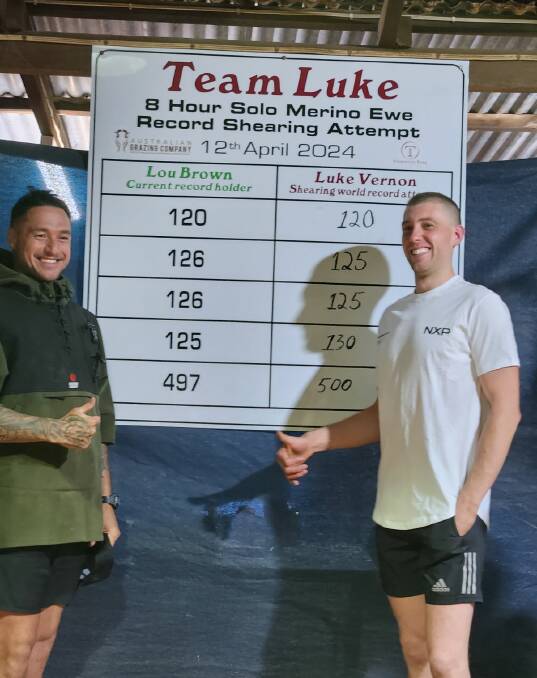Previous men's eight-hour Merino ewes shearing record holder Lou Brown (left), with the new world record holder Luke Vernon. Photo courtesy of Ashe Briscoe.