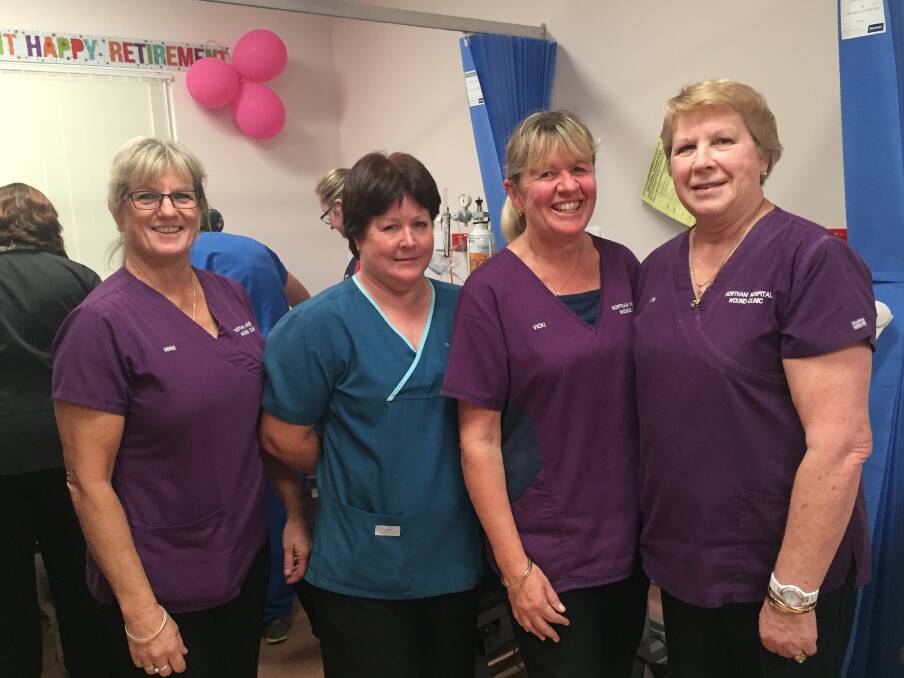 Sad farewell: Lyn Pittaway (far right) with long-term colleagues and friends from the dressing clinic at the Northam Hospital, on her last day of work during morning tea celebrations.