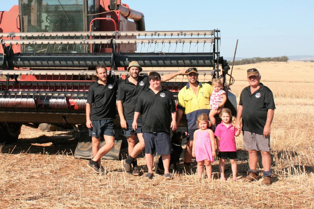 Northam farming family: James Smith (left), Alistair, Rory, dog Frankie, Cameron, holding daughter Imogen, Stevie and Bailey Belle Smith holding grandfather Kevin’s hand.