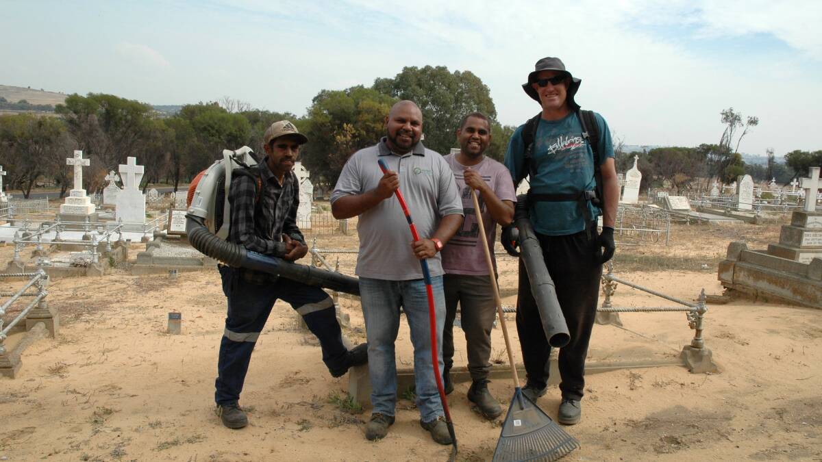 Part of the Noongar Boodja ranger team cleaning the Northam Cemetery. (L-R) George Garlett, Jermaine Davis and rangers Tom Garlett and Jason Jones.