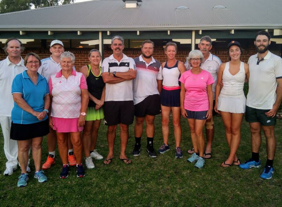 Participants: Taking part in the Northam tennis mixed open doubles championship were Luke Emonds, Noeline Norrish, Callum Norrish, Bev Young, Cathy North, Jason Haywood, Wesley Powell, Kirsten Arthur, Kathy Saunders, Dennis Saunders,  Maddy Kuhl and Michael Dwyer. Photo: Supplied.