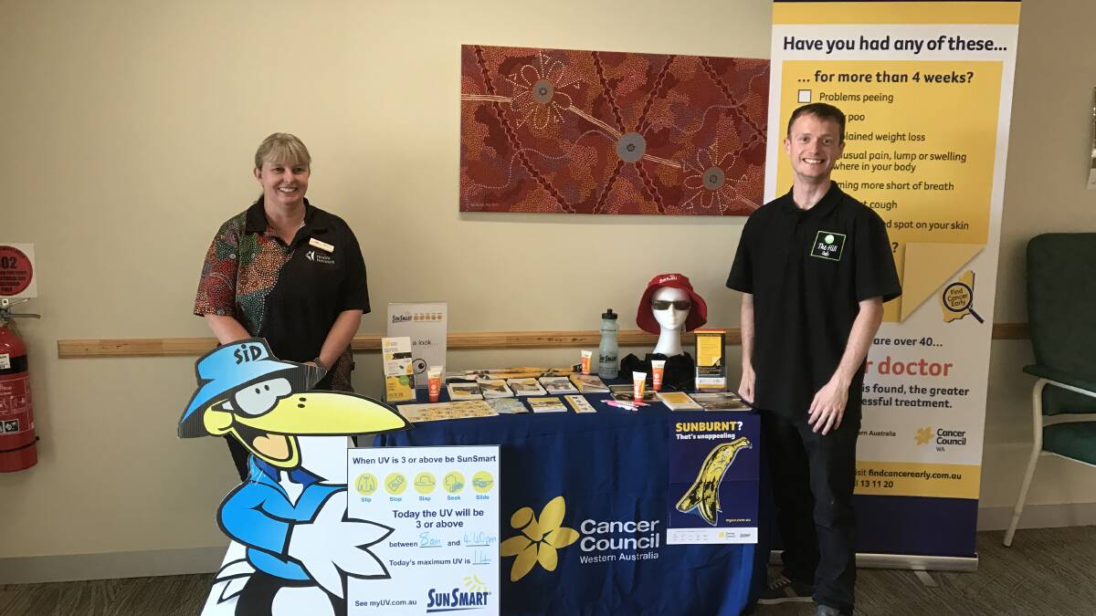 Sun protection: Kylie and Jarred supporting Cancer Council WA SunSmart Promotion at Wheatbelt Health Network. Photo: Supplied.