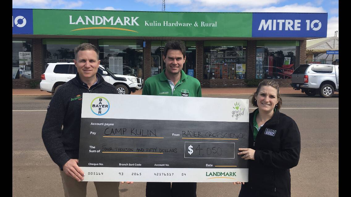 Local effort: Bayer CropScience's Mitchell Tuffley, with Kulin Hardware & Rural Landmark's Hayden Williams and Carly Bradford. Photo: Supplied.
