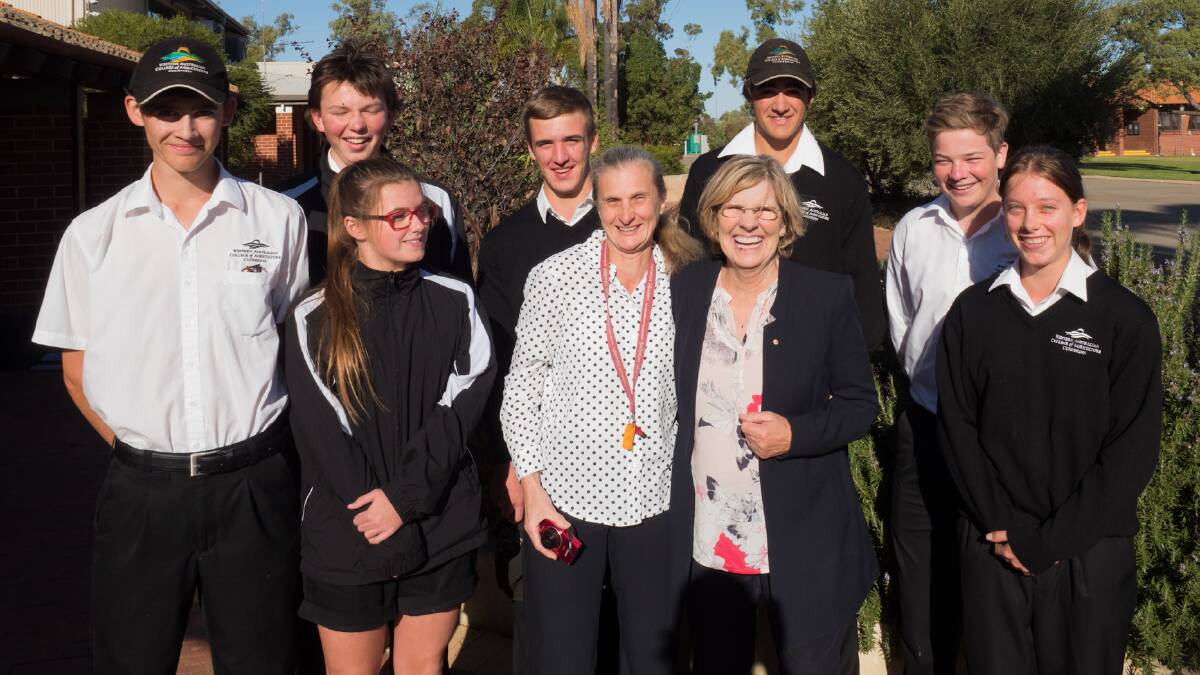 WA College of Agriculture Cunderdin STEM co-ordinator Nadine Smith, centre, with Professor Lyn Beazley and students Rohan Butler, Jacob Anthony, Jessi Shannon, Brady Garlick, Jarvis Way,Tim Porter, and Zoe Christison.
