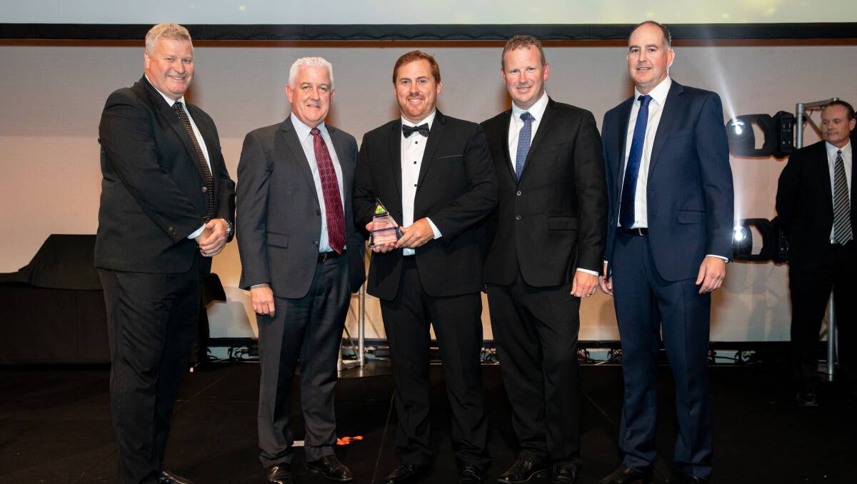 Top award: CRT WA State Manager Peter Burchell, CRT Executive General Manager Greg O’Neil, Primaries York Branch Manager Bret Cassidy, 2018 National CRT Business Partner of the Year winner, Chris McPherson from WG & SF McPherson and Ruralco CEO Travis Dillon. Photo: Supplied.