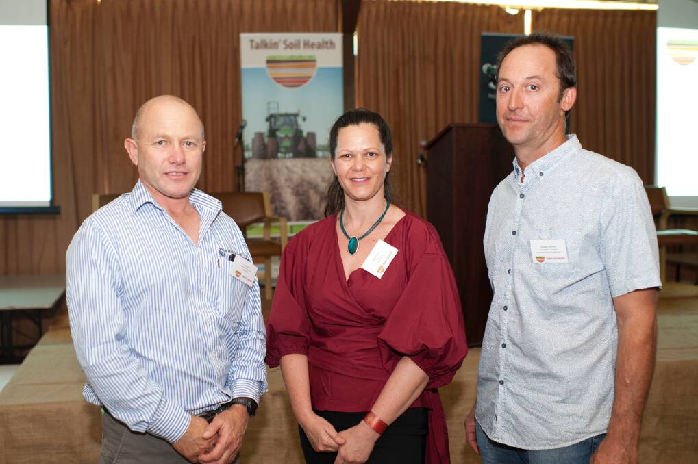 Soil Health champions Burracoppin farmer Tony Murfit (left) and Carnamah farmer Brendon Haeusler (right) with Nicole Masters from Integrity Soils at the Talkin' Soil Health conference in Dalwalinu.