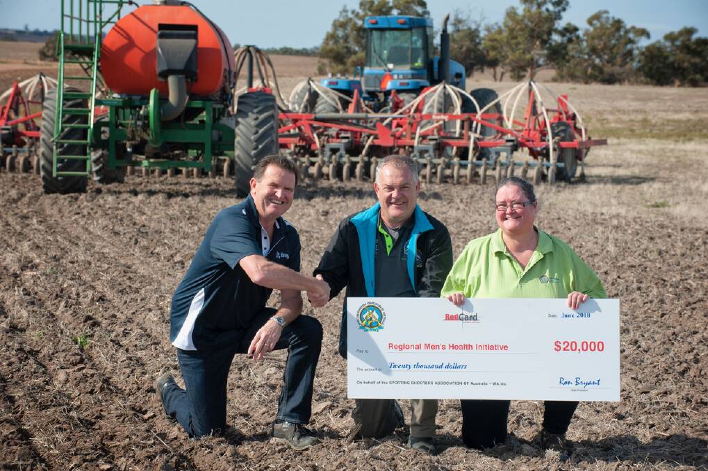 Accepting funding and support for the Regional Men's Health Initiative was the group's Owen Catto (left) with the SSAA of WA president Ron Bryant and Wheatbelt NRM's Jacquie Lucas.