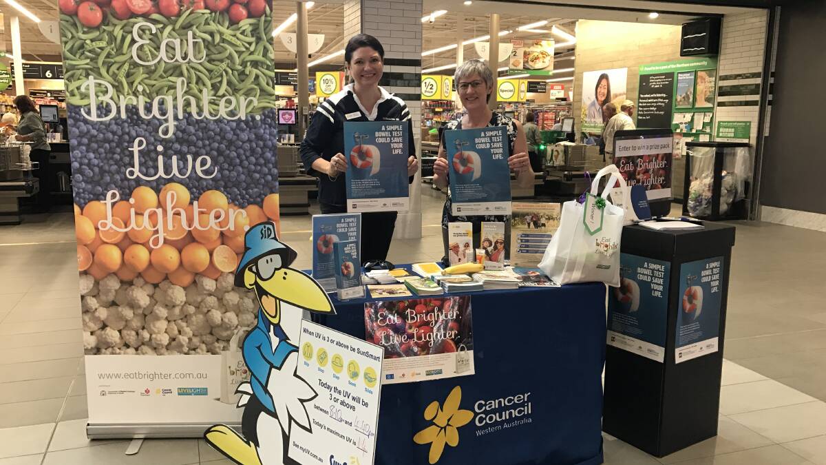 Melissa Pickering, CCWA Regional Education Officer and Barbara Brennan, CCWA Cancer Support Coordinator in Northam Boulevard to promote the National Bowel Cancer Screening Program.