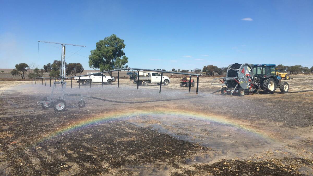 One of the Department of Primary Industries and Regional Development’s five new mobile irrigators, which are being used to simulate environmental conditions for a diverse range of grains research trials, at its Wongan Hills Research Facility.