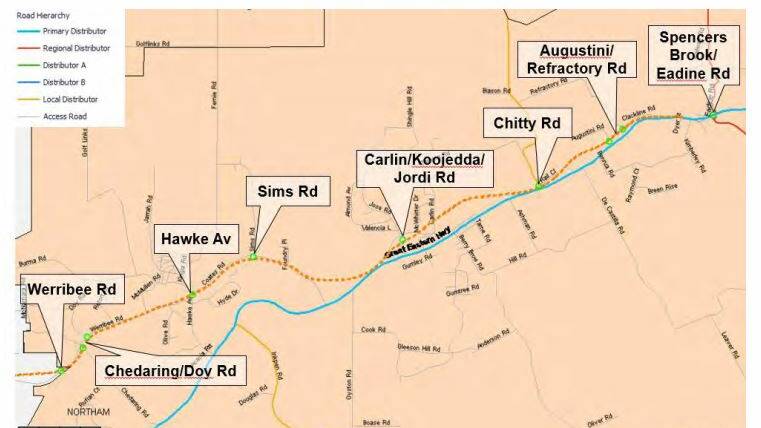 There are 10 roads within the Shire of Northam that will be affected by the current Main Roads proposal for the Orange Route.
