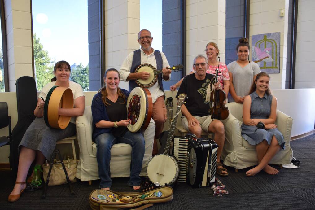 Music magic: Musicians Kim Colbourne, Seanne Sparrow, David “Red Saxguy” Sparrow, Peter Colbourne and dance teacher Lyn Johnson with two of her students at the Northam Library for the recently launched music sessions. Photo: Eliza Wynn.