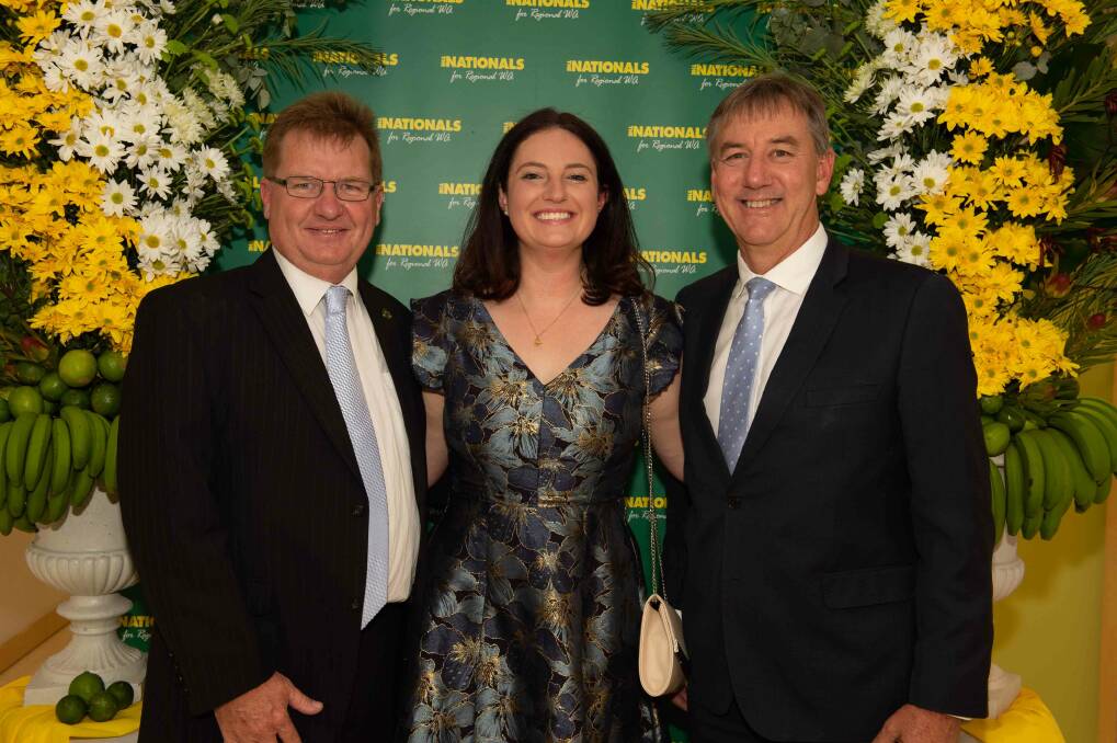 National pride: The Nationals WA state president Steve Blyth, Esperance electorate officer Tori Castledine and Roe MLA Peter Rundle. Photo: Supplied.