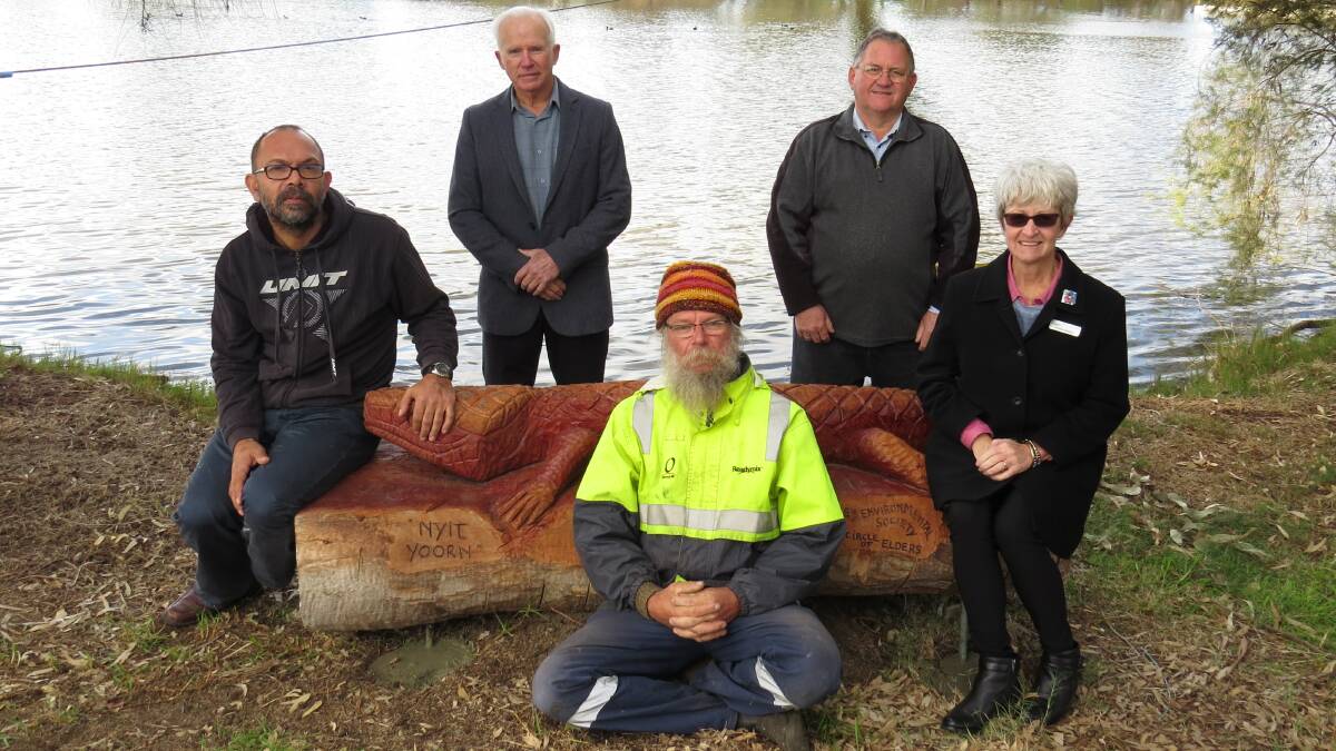 Officially unveiled: Michael Ward, Northam Shire councillors Denis Beresford, Des Hughes, Kathy Saunders and artist Tom De Munk Kerkmeer, front, with Little Bobby last Wednesday morning