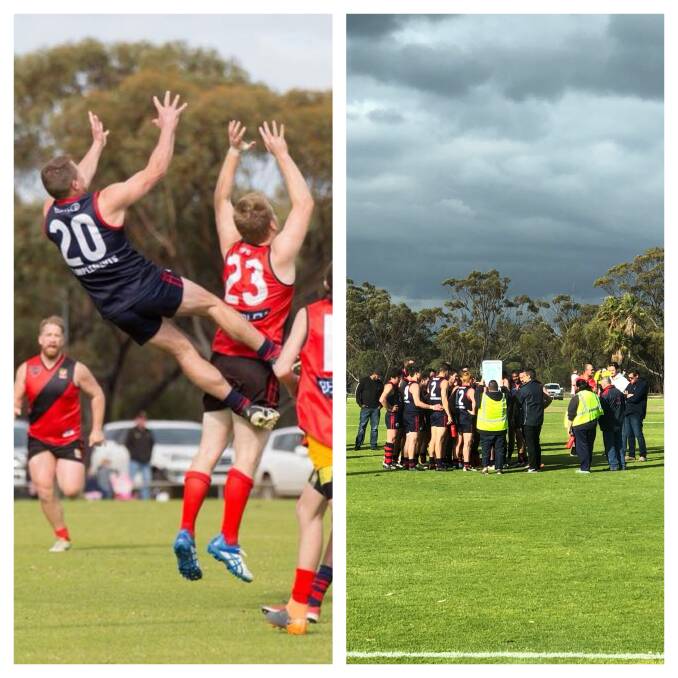 Flying: Reserves' Wade Hunter taking a screamer; the League team in a huddle. Photo one: Colleen Sleer Photography. Photo two: supplied.