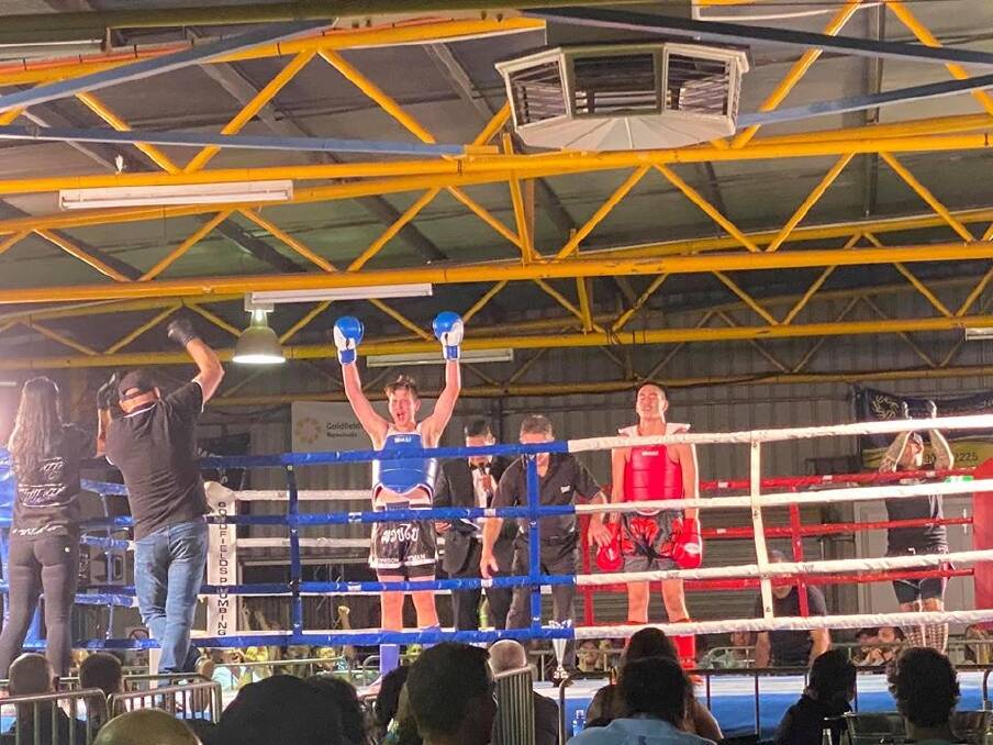 Fight Night win: Elijah 'The Hitman' Jennison celebrates his kick boxing victory in Kalgoorlie on December 14. Photo: Supplied.