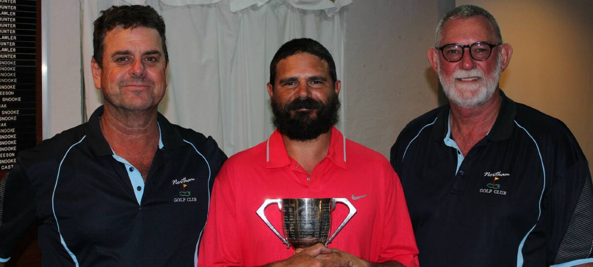 Corolin Cup: Runner-up Peter Flint, winner Cameron Stewart and club captain Max Hubble. Photo: supplied.