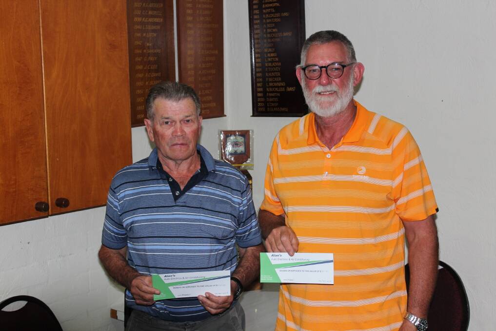 Narrow victory: Winner Ollie Griffiths and club captain Max Hubble who came a close second in last Saturday's stableford event. Photo: supplied.