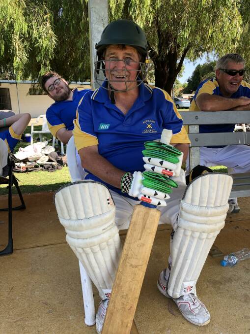 NCA legend: John Lucas preparing to bat for Northam 2 on the first day of Country Week 2020. He had never worn a helmet in more than 40 years of cricket. Photo: Supplied.