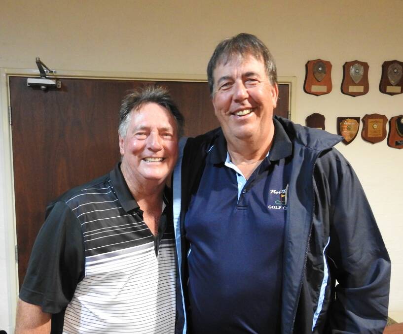 Grins all round: Event winner Peter 'Richo' Richards, who earned 41 points, with runner-up Don Bates. Photo: Supplied.