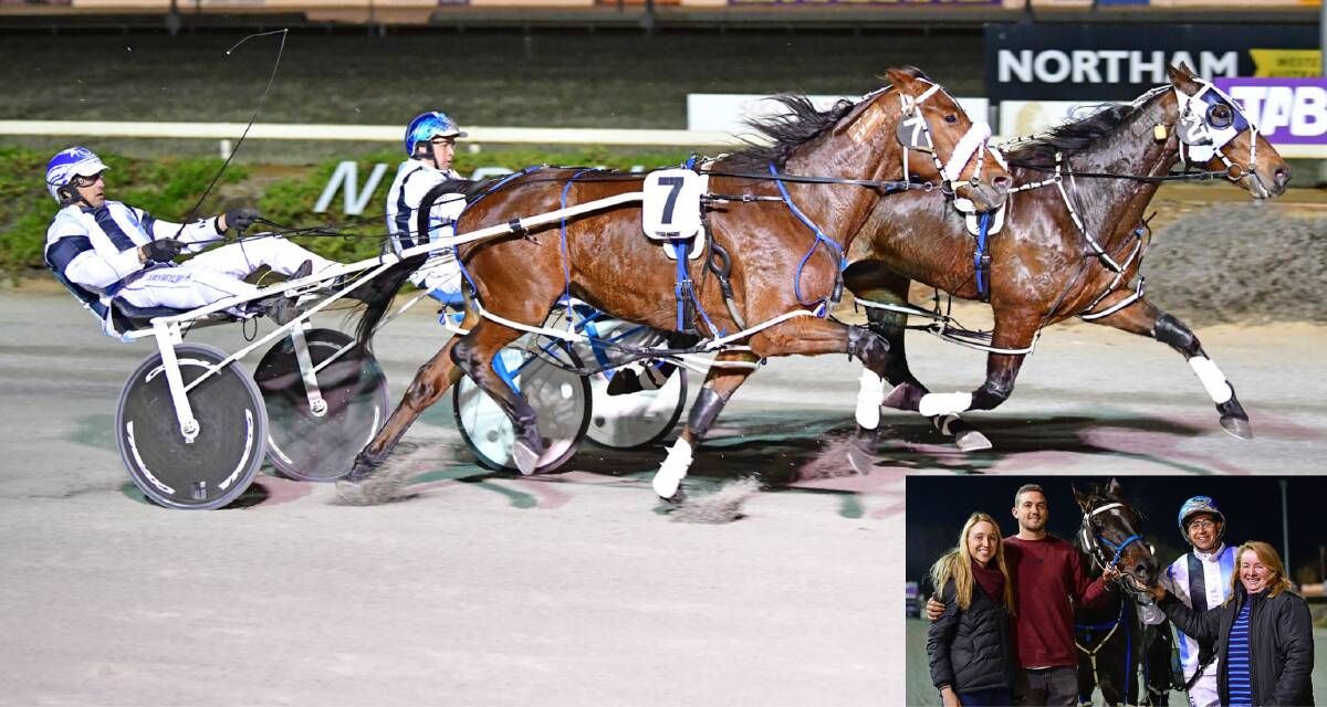 What a night: Padberg's horses Antagonistic (No. 7) and Village Benny (No. 2). In-set: Debbie Padberg on the far right next to driver Luke Edwards. Photos: Jodie Hallows. 