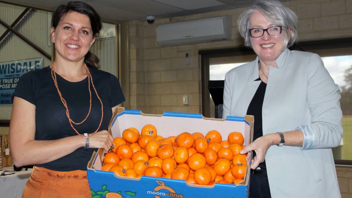Elizabeth Brennan and Sue Middleton promoting Moora Citrus and Northern Valley Packers. Picture from Farm Weekly